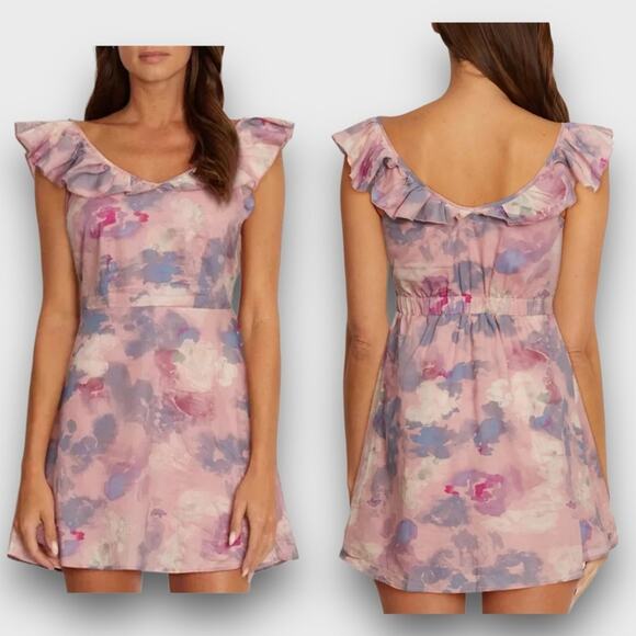 Wildfox NWOT Blair Deep V Ruffle Soft Abstract Watercolor Dress - M - Picture 1 of 12